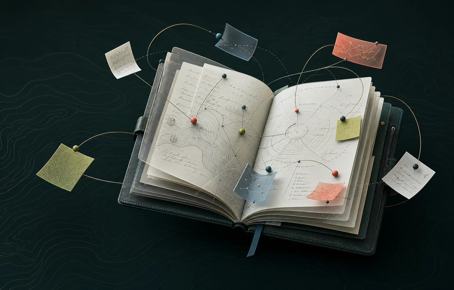 Jurnal deschis in stil 3D, cu pagini, fragmente de notite si trasee care sugereaza tiparele gandurilor.